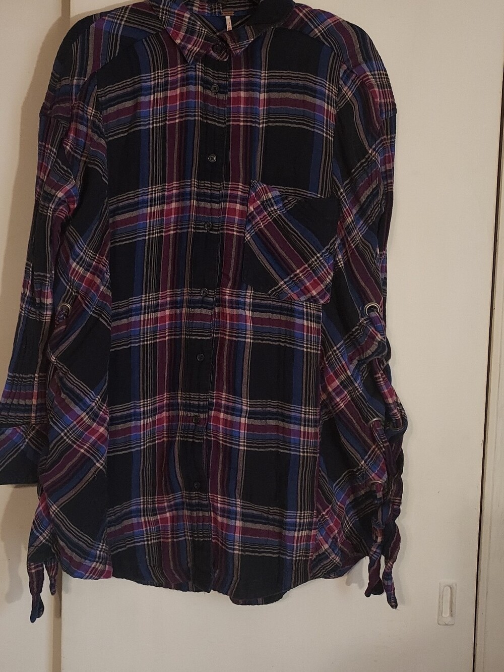 Free People Nordic Day Plaid Button Down Top Size S Purple Blue Slouchy Boho